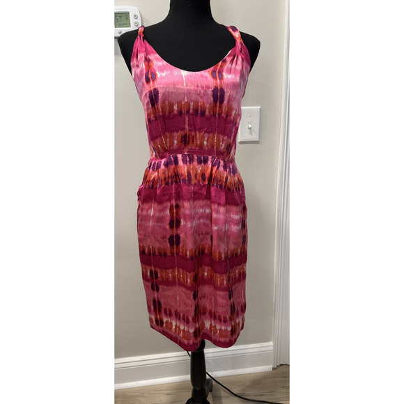 Twee Banana Republic Silk Twisted Shoulder Open Back Dress Pink Print Sheath 0 - Picture 2 of 12